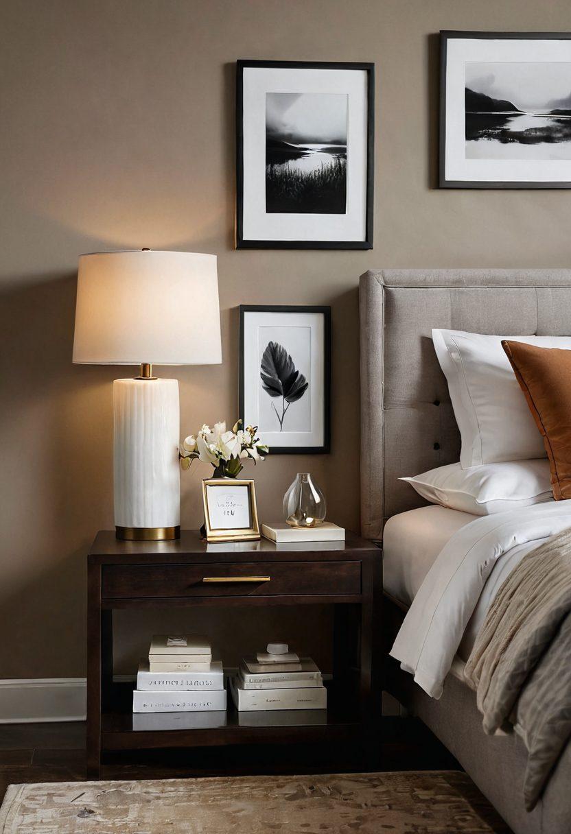 A serene, inviting bedroom setting with various intimacy products artistically arranged on a stylish nightstand. Enhancing the atmosphere, soft, warm lighting illuminates the space, highlighting the elegance of the products. Include subtle details like a cozy bed, plush pillows, and delicate fabrics to evoke a sense of comfort and warmth. Overall, create a harmonious balance that emphasizes both performance and pleasure. super-realistic. warm tones. minimalistic.